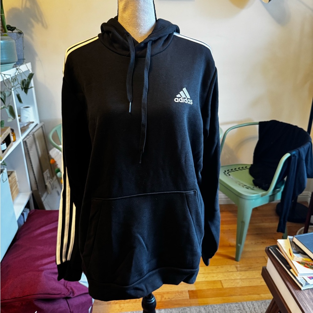 Adidas Men's Black Hoodie with White Stripes